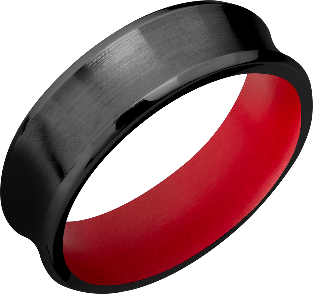 Zirconium 7mm concave band with beveled edges and a red Cerakote sleeve