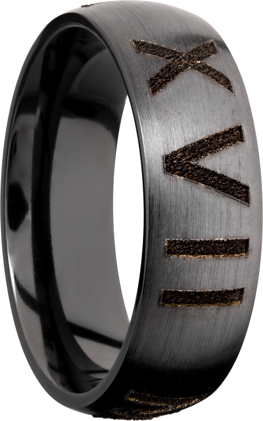 Zirconium 7mm domed band with laser-carved roman numerals