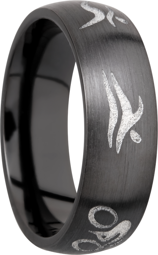 Zirconium 7mm domed band with a laser-carved triathlon pattern