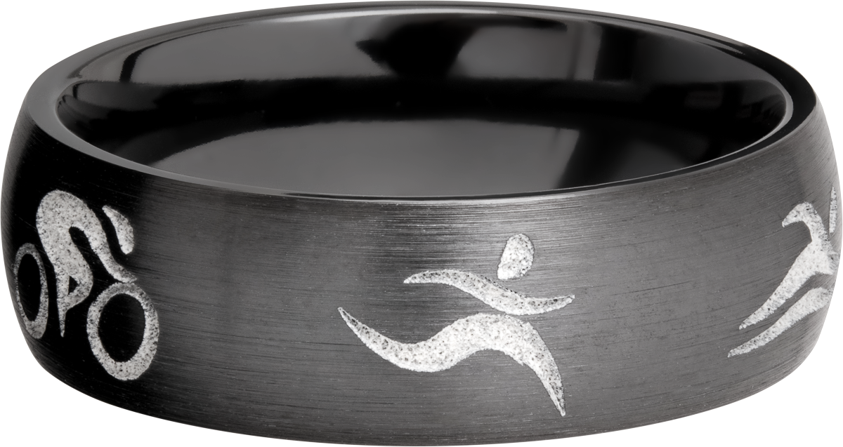 Zirconium 7mm domed band with a laser-carved triathlon pattern