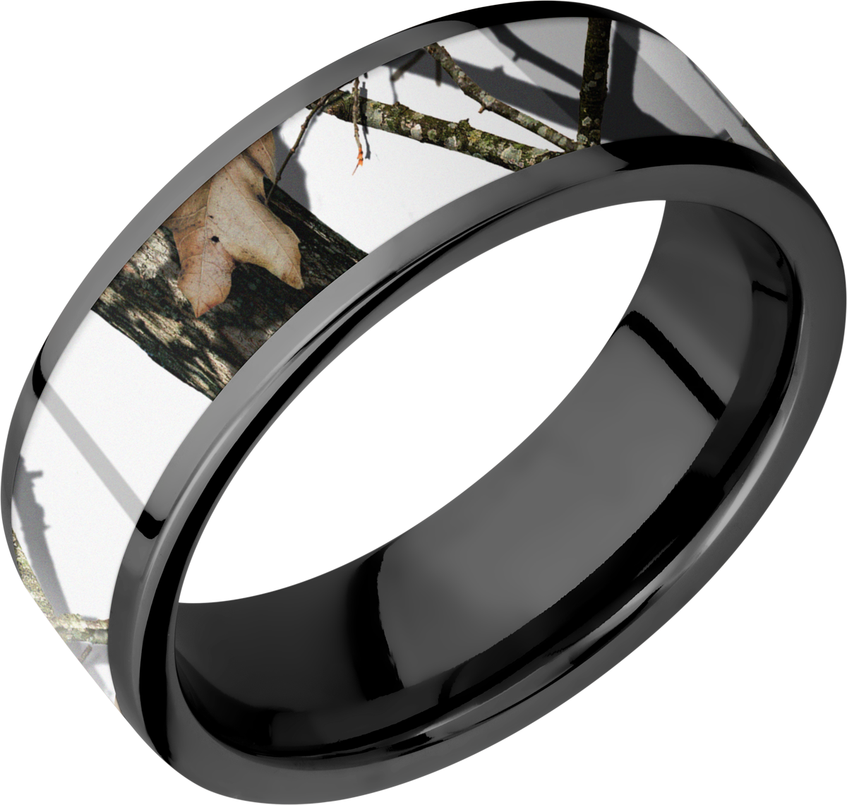 Cobalt chrome 7mm flat band with a 5mm inlay of Mossy Oak Winter Break Up Camo