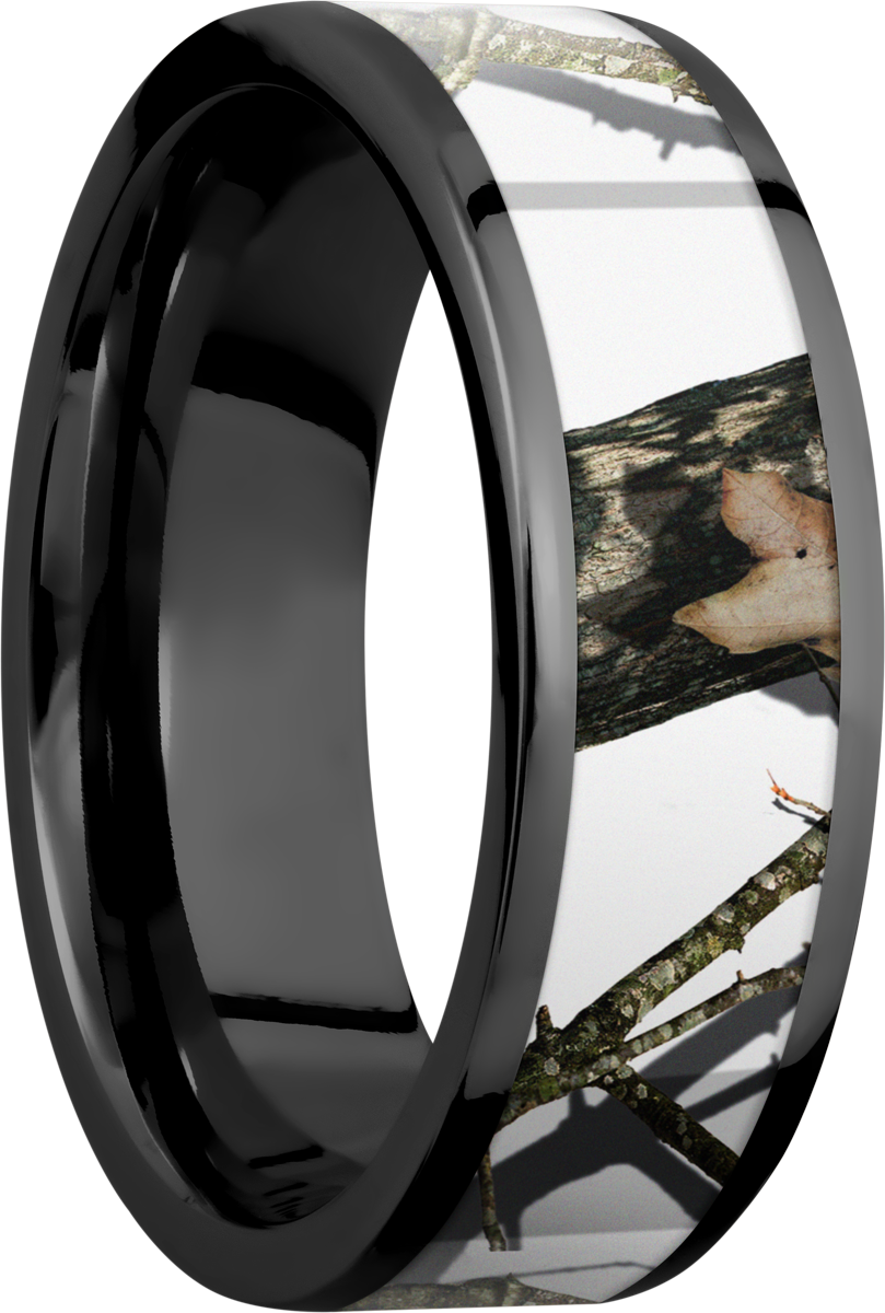 Cobalt chrome 7mm flat band with a 5mm inlay of Mossy Oak Winter Break Up Camo