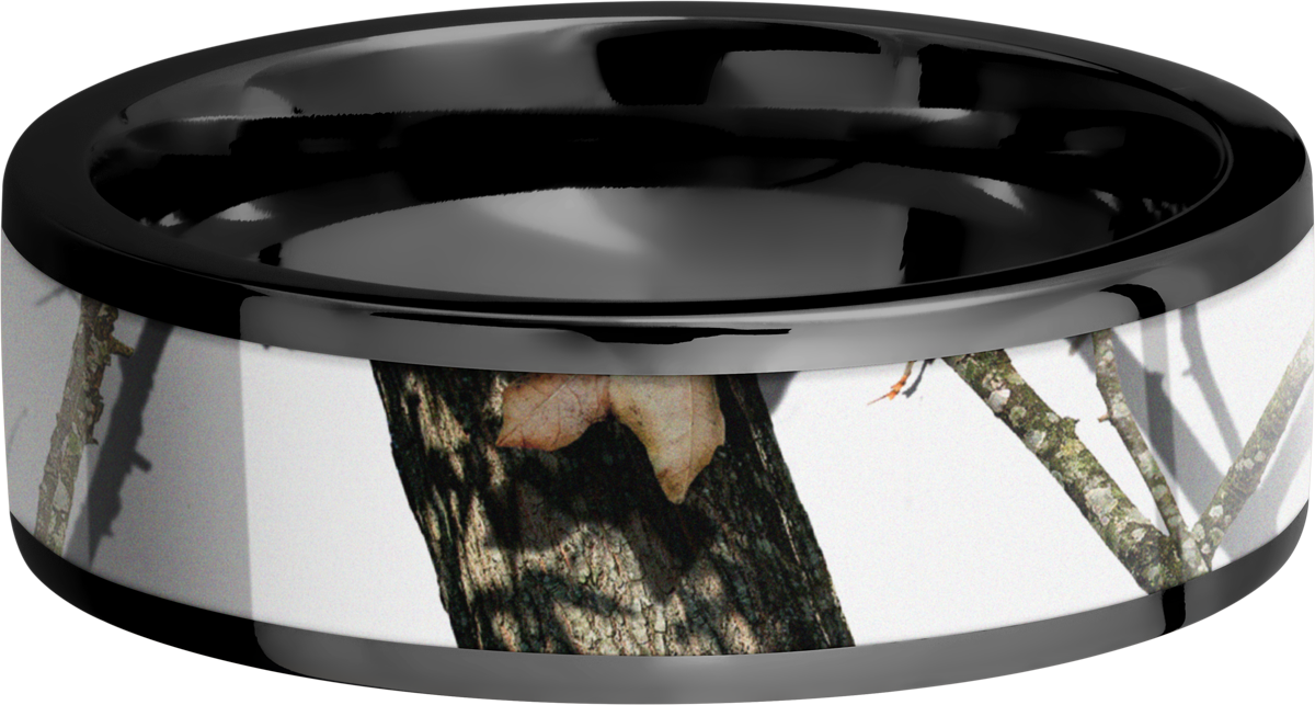 Cobalt chrome 7mm flat band with a 5mm inlay of Mossy Oak Winter Break Up Camo