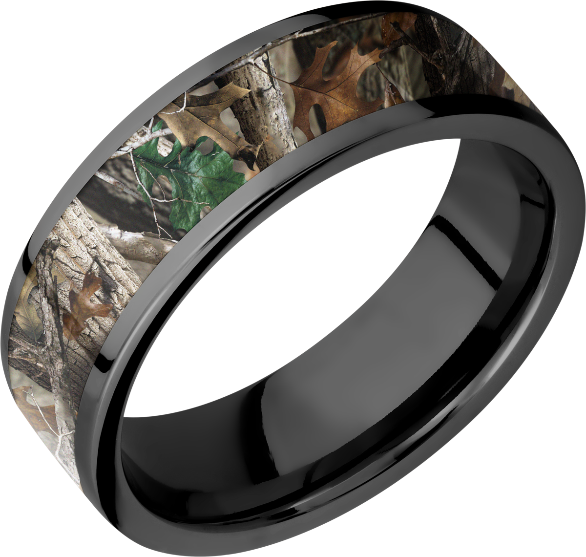 Zirconium 6mm flat band with a 5mm inlay of Realtree Timber Camo