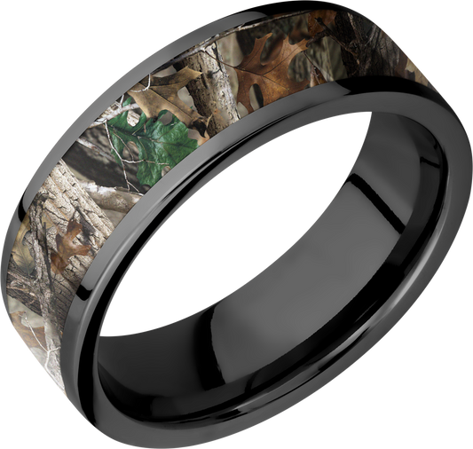 Zirconium 6mm flat band with a 5mm inlay of Realtree Timber Camo