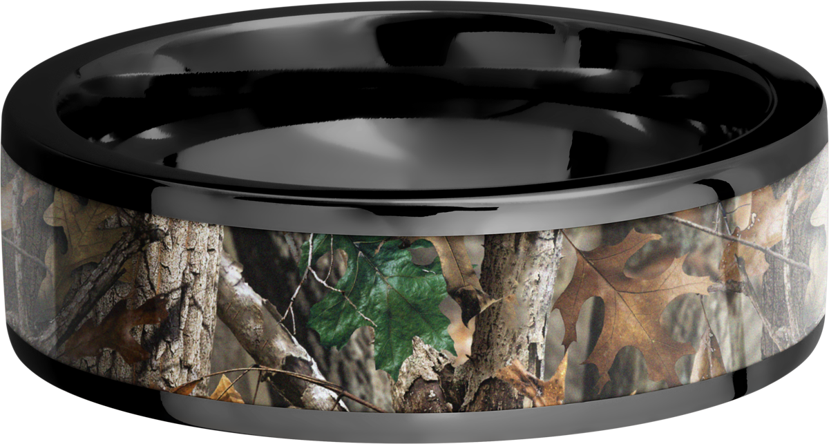 Zirconium 6mm flat band with a 5mm inlay of Realtree Timber Camo