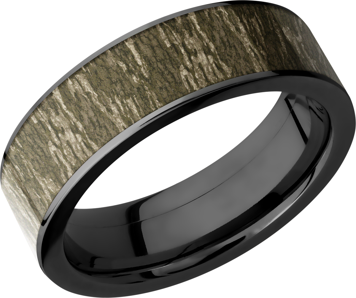 Cobalt chrome 7mm flat band with a 6mm inlay of Mossy Oak Bottomland Camo