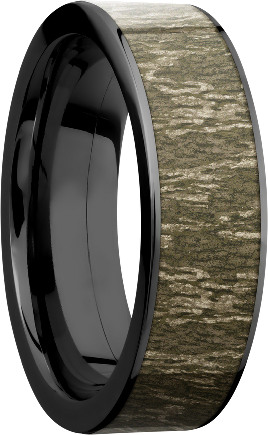 Cobalt chrome 7mm flat band with a 6mm inlay of Mossy Oak Bottomland Camo