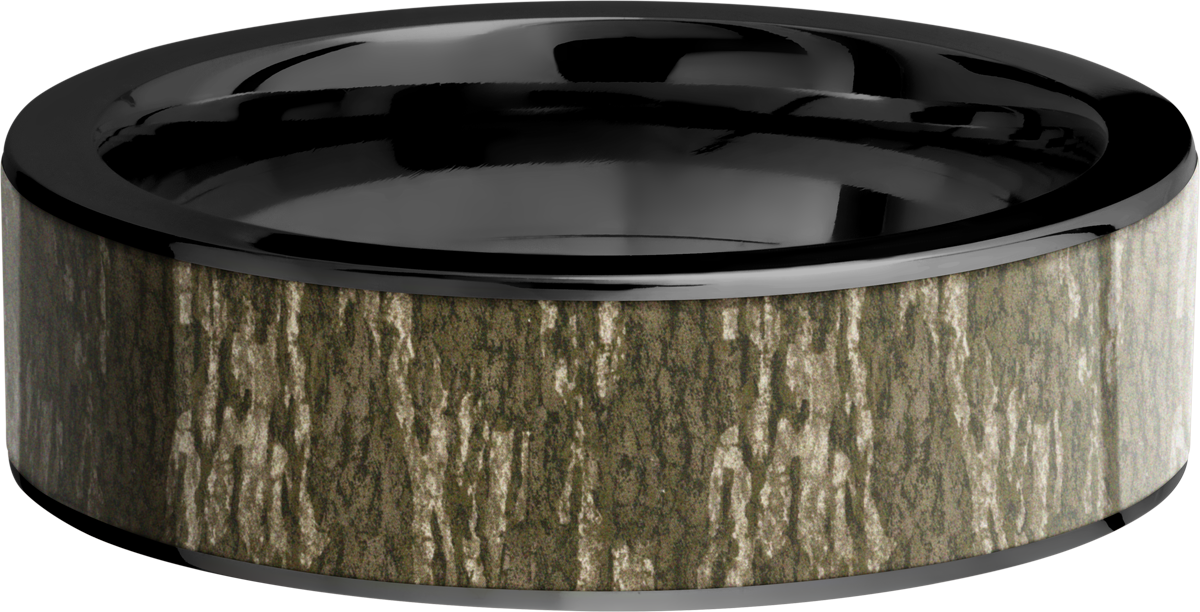 Cobalt chrome 7mm flat band with a 6mm inlay of Mossy Oak Bottomland Camo