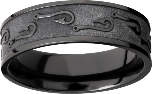 Zirconium 7mm flat band with a laser-carved fishhook pattern