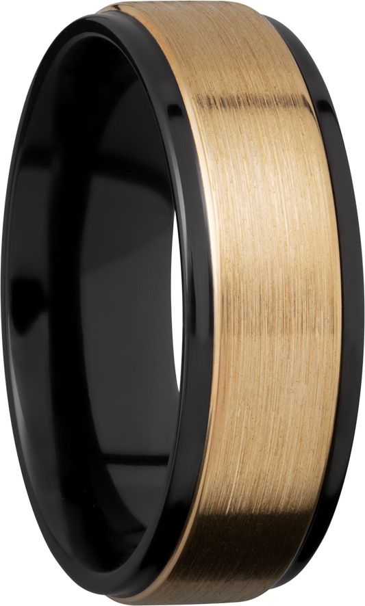 Zirconium 7mm flat band with grooved edges and an inlay of 14K yellow gold
