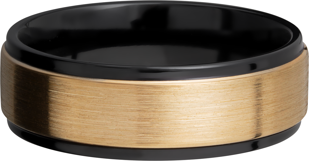 Zirconium 7mm flat band with grooved edges and an inlay of 14K yellow gold