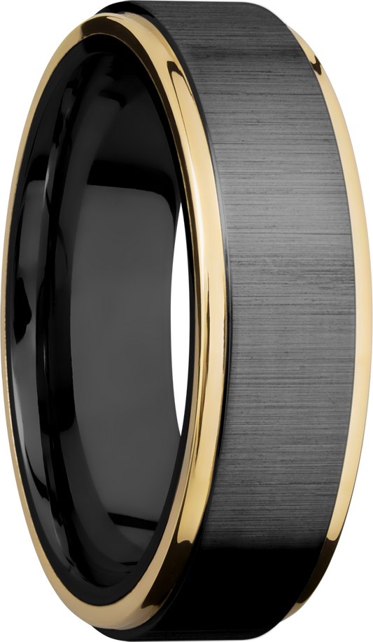 Zirconium 7mm flat band with 14K yellow gold grooved edges