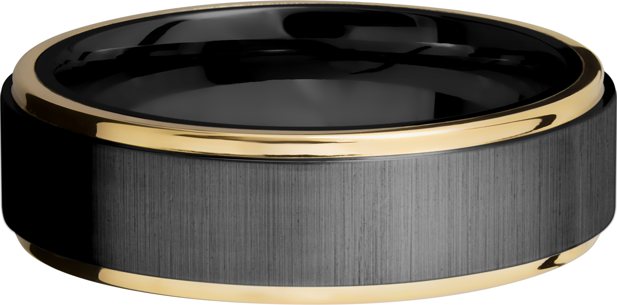 Zirconium 7mm flat band with 14K yellow gold grooved edges