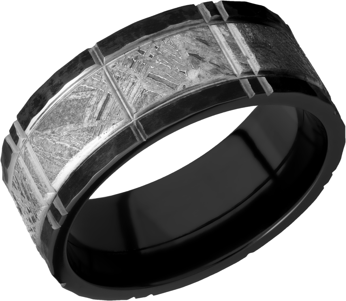 Zirconium 8mm flat band with an inlay of authentic Gibeon Meteorite