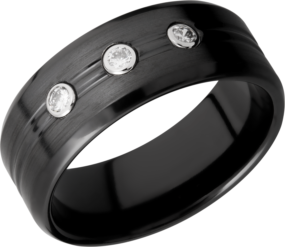 Zirconium 8mm beveled band with 3, .05ct bezel-set diamonds