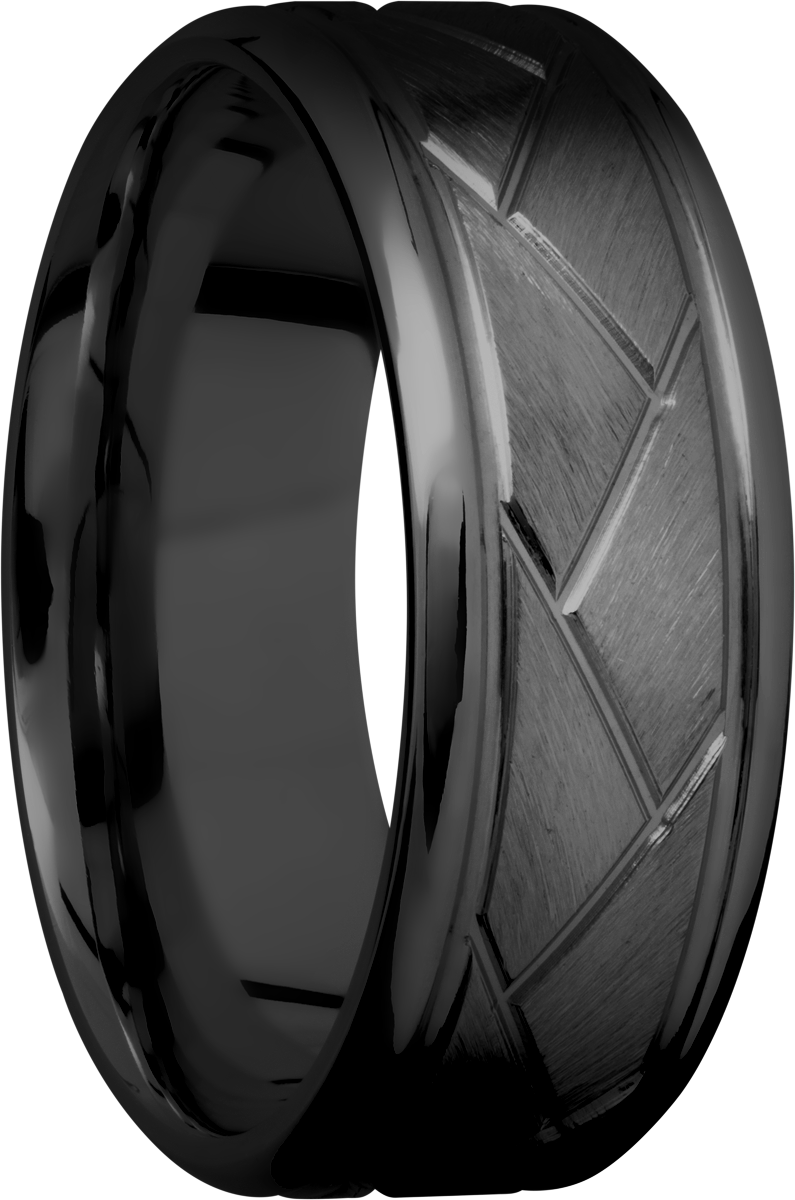 Zirconium 8mm beveled band with a laser-carved flat weave pattern