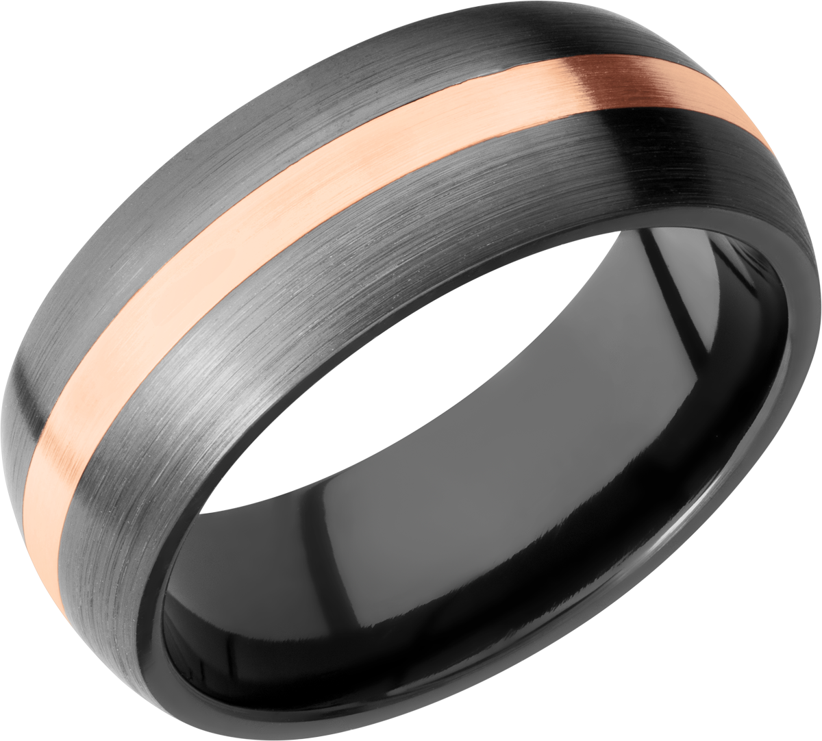 Zirconium 8mm domed band with an inlay of 14K rose gold