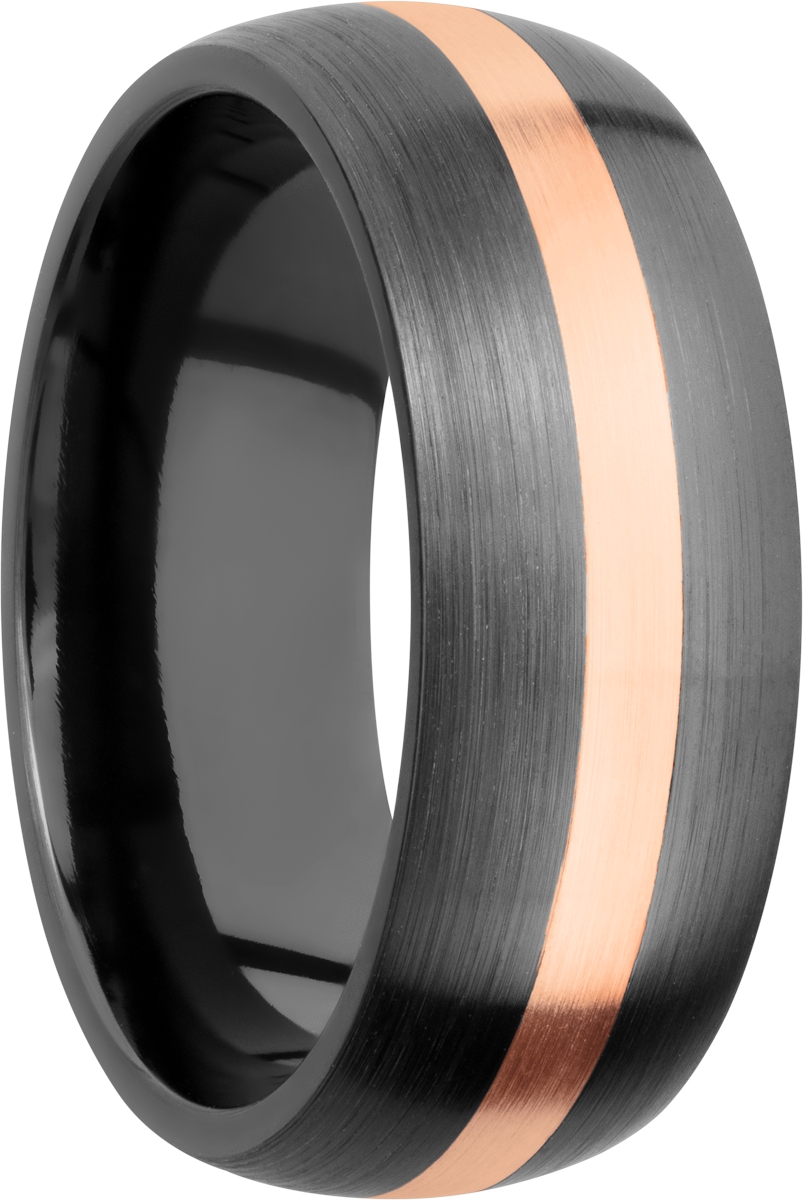 Zirconium 8mm domed band with an inlay of 14K rose gold