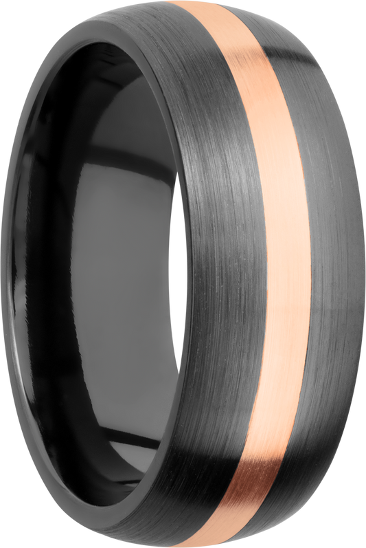 Zirconium 8mm domed band with an inlay of 14K rose gold