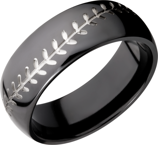 Zirconium 8mm domed band with a laser-carved baseball stitch