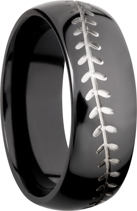 Zirconium 8mm domed band with a laser-carved baseball stitch