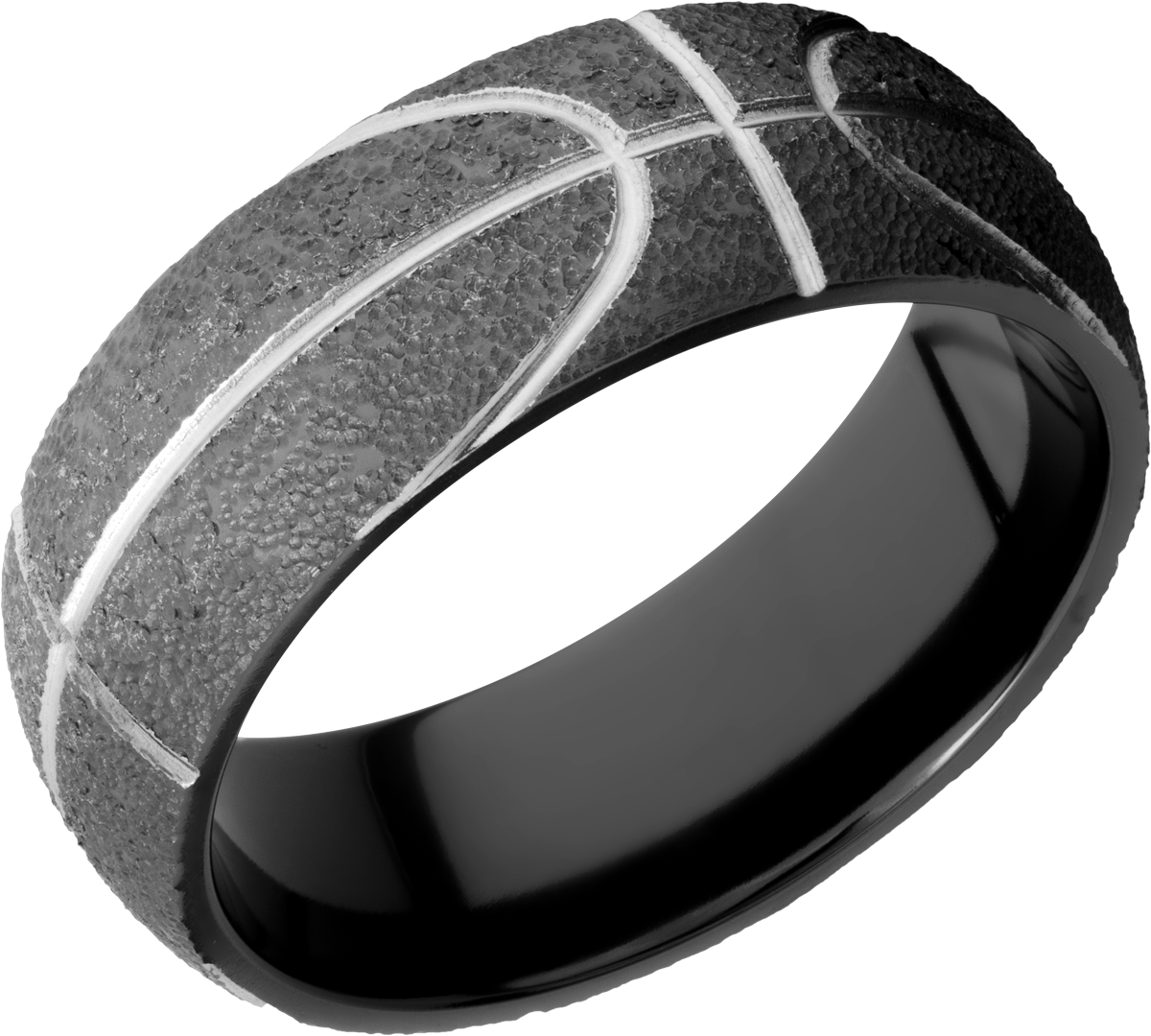 Zirconium 8mm domed band with a laser-carved basketball pattern