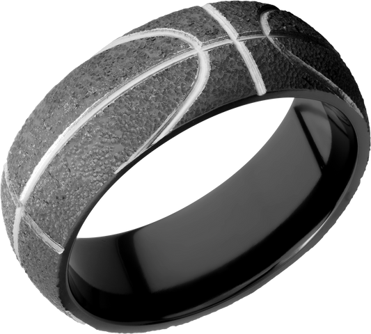 Zirconium 8mm domed band with a laser-carved basketball pattern