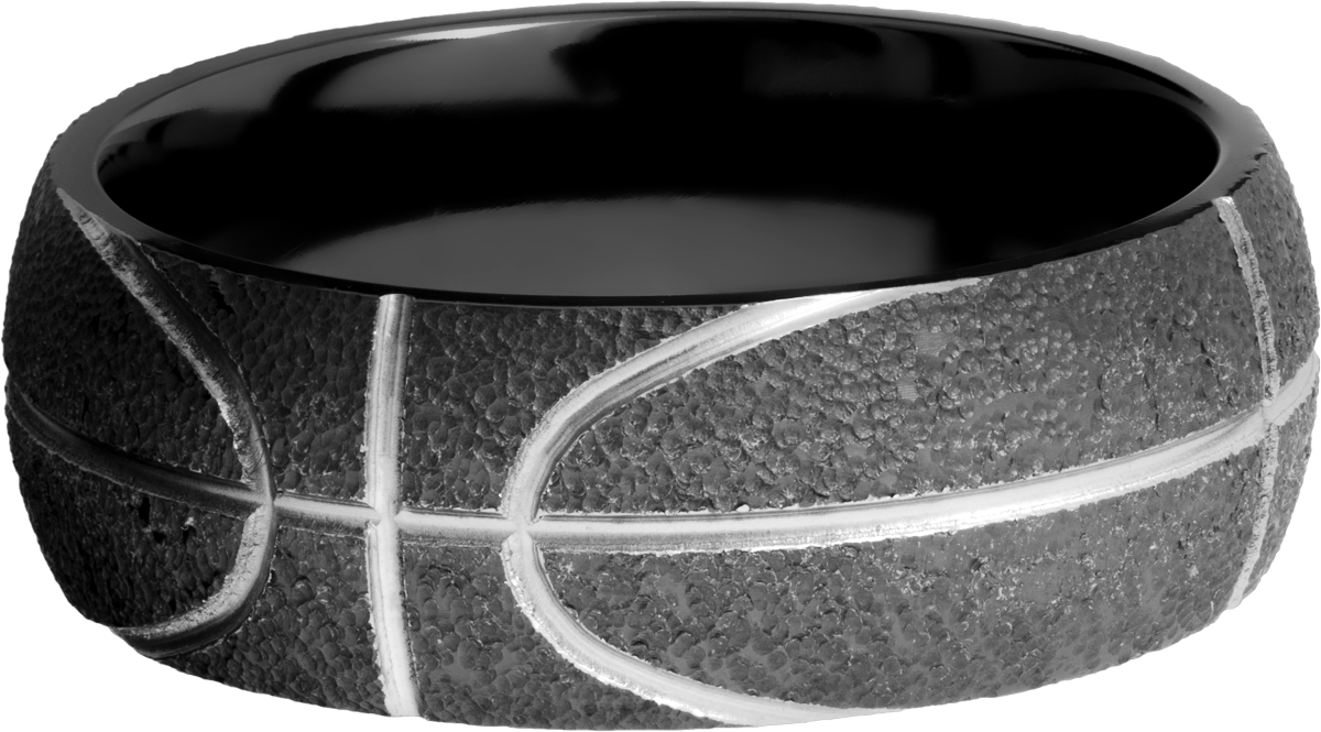 Zirconium 8mm domed band with a laser-carved basketball pattern