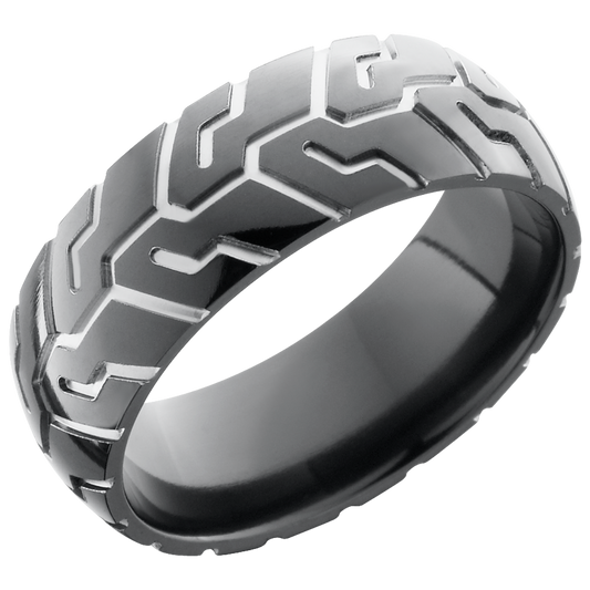 Zirconium 8mm domed band with a laser-carved cycle pattern