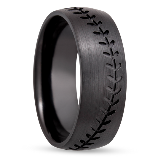 Zirconium 8mm domed band with a laser-carved baseball stitch