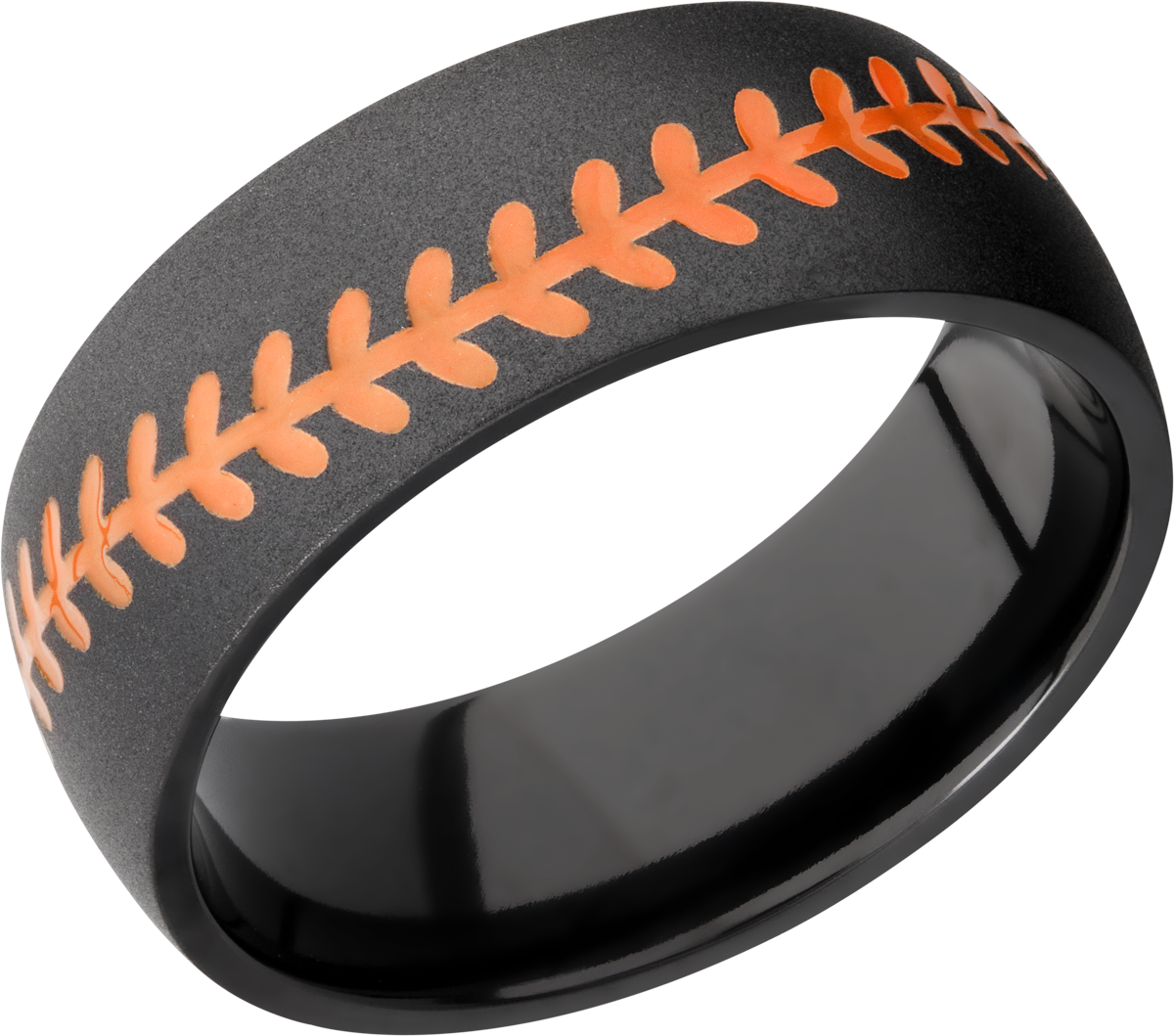 Zirconium 8mm domed band with a laser-carved baseball stitch and orange Cerakote in the recessed stitching