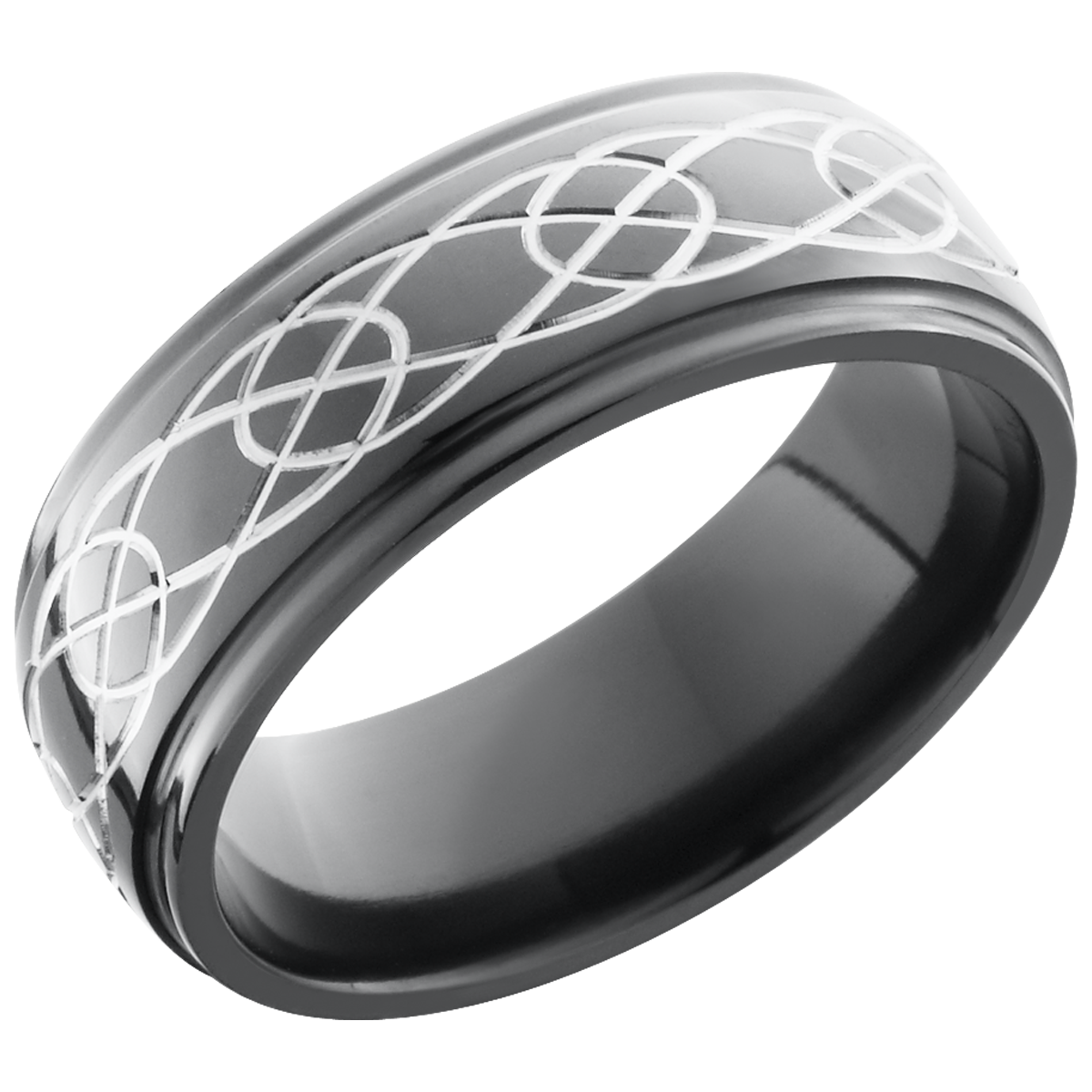 Zirconium 8mm domed band with grooved edges and a laser-carved celtic pattern