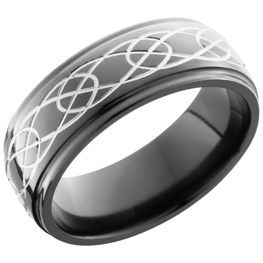 Zirconium 8mm domed band with grooved edges and a laser-carved celtic pattern