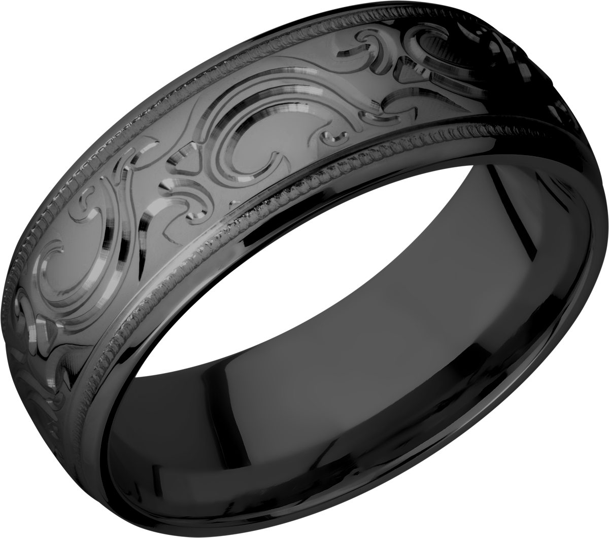 Zirconium 8mm domed band with a laser-carved scroll MJBA pattern