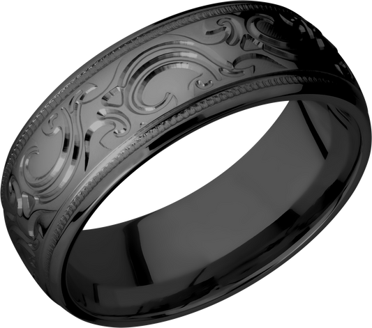 Zirconium 8mm domed band with a laser-carved scroll MJBA pattern