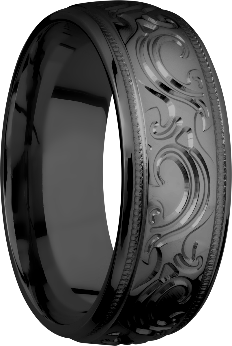 Zirconium 8mm domed band with a laser-carved scroll MJBA pattern