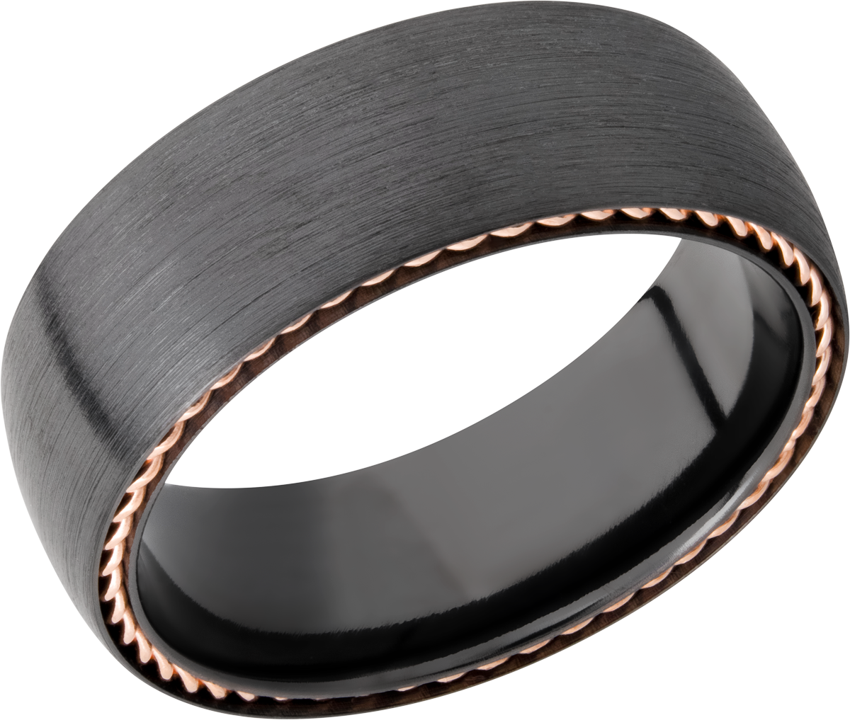 Zirconium 8mm domed band with 14K rose gold sidebraid edging