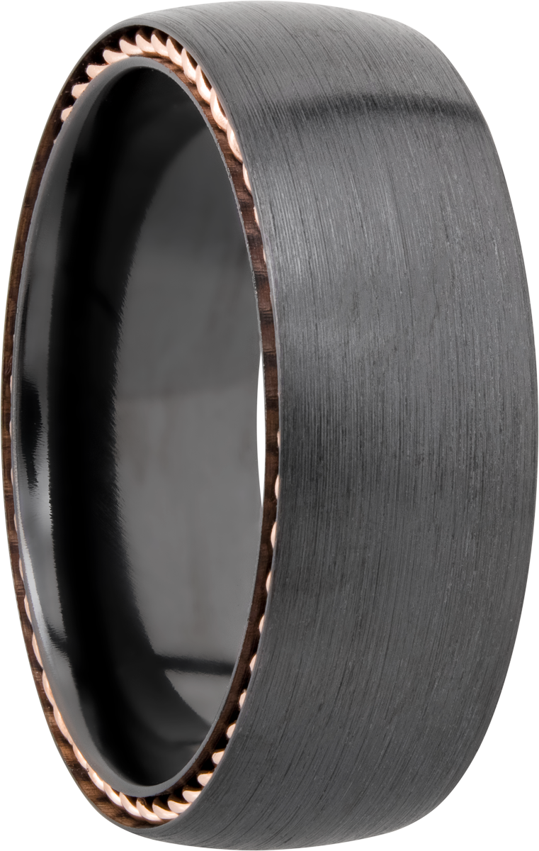 Zirconium 8mm domed band with 14K rose gold sidebraid edging