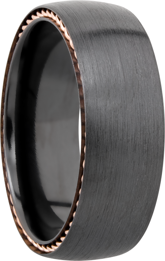 Zirconium 8mm domed band with 14K rose gold sidebraid edging