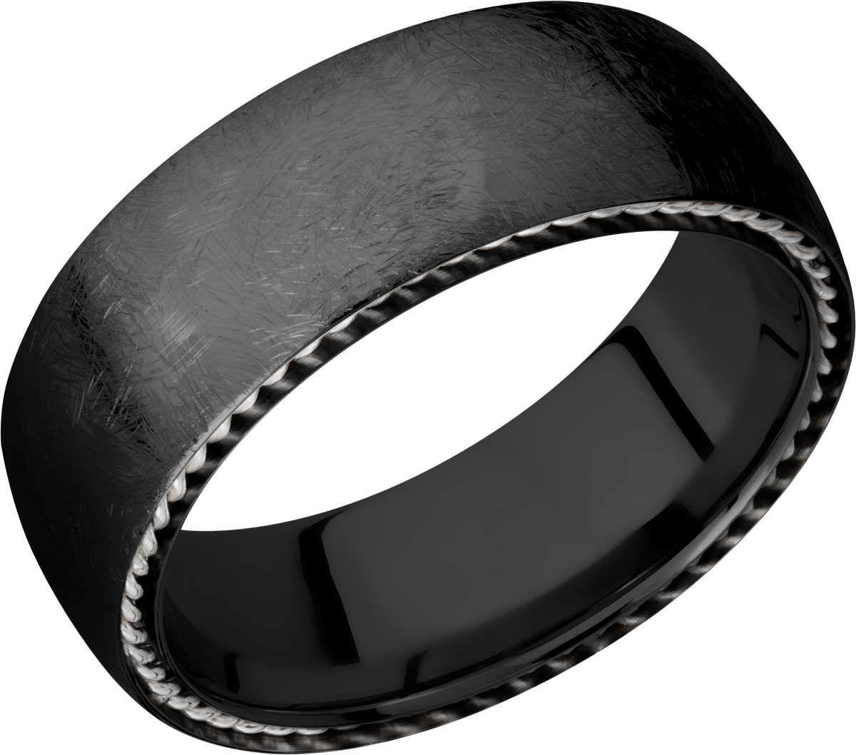 Zirconium 8mm domed band with sterling silver sidebraid edging