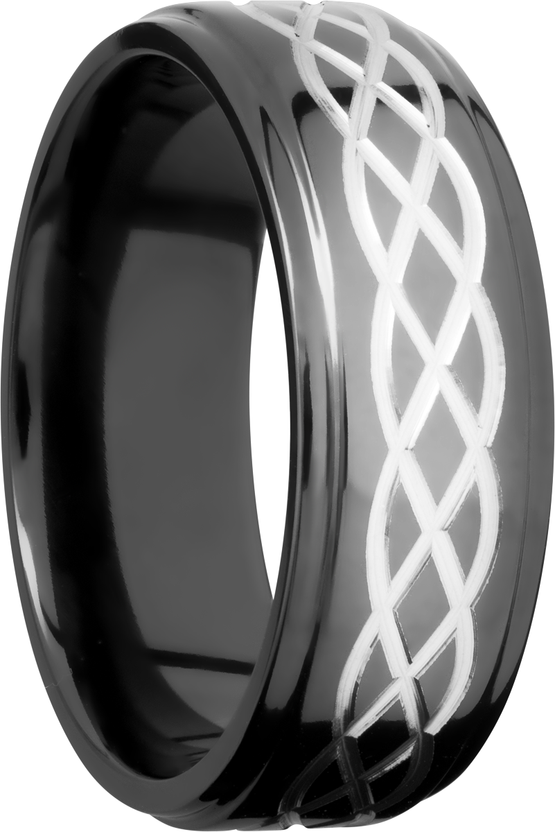 Zirconium 8mm flat band with a laser-carved celtic pattern