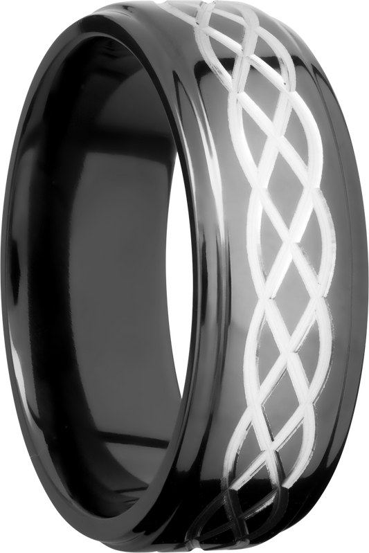 Zirconium 8mm flat band with a laser-carved celtic pattern