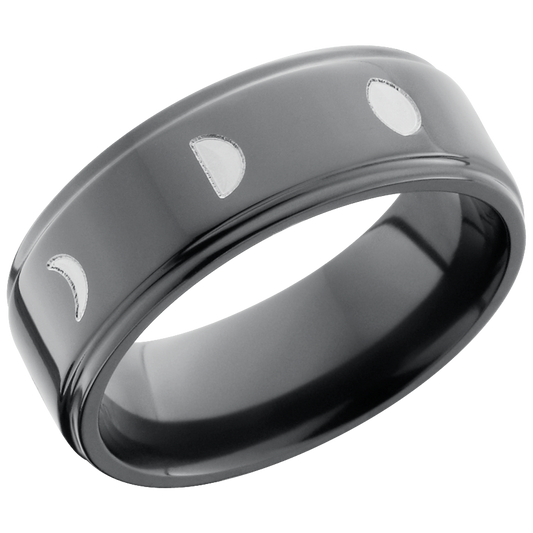 Zirconium 8mm flat band with a laser-carved moon phase pattern