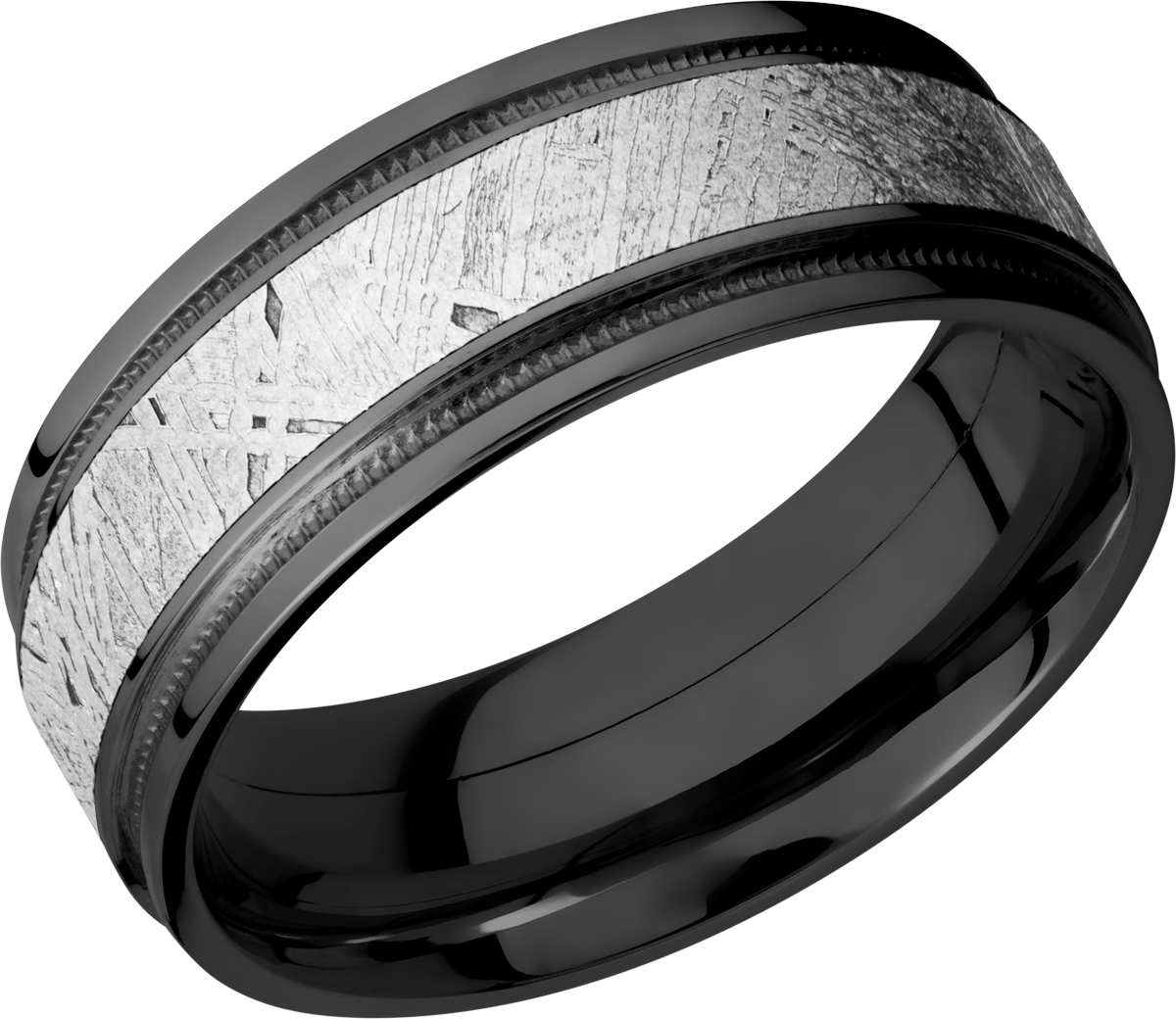 Zirconium 8mm flat band with reverse milgrain and an inlay of authentic Gibeon Meteorite