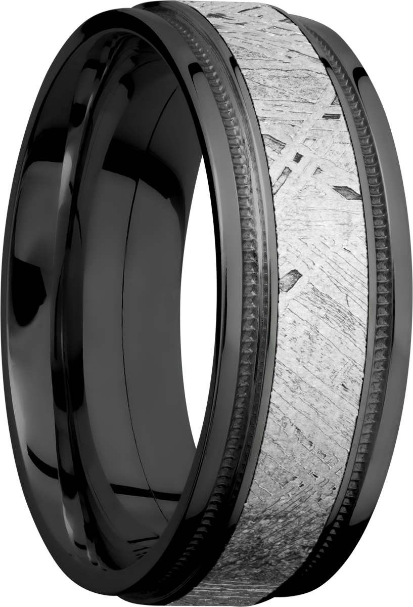 Zirconium 8mm flat band with reverse milgrain and an inlay of authentic Gibeon Meteorite