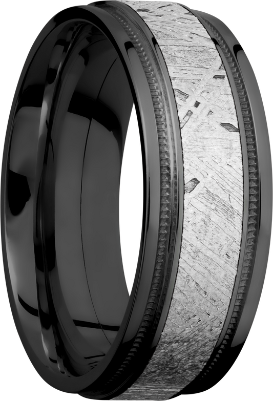 Zirconium 8mm flat band with reverse milgrain and an inlay of authentic Gibeon Meteorite
