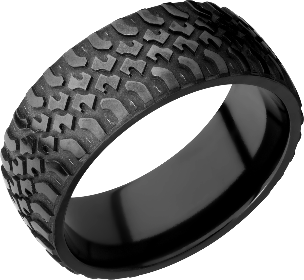 Zirconium 9mm domed band with a laser-carved truck pattern