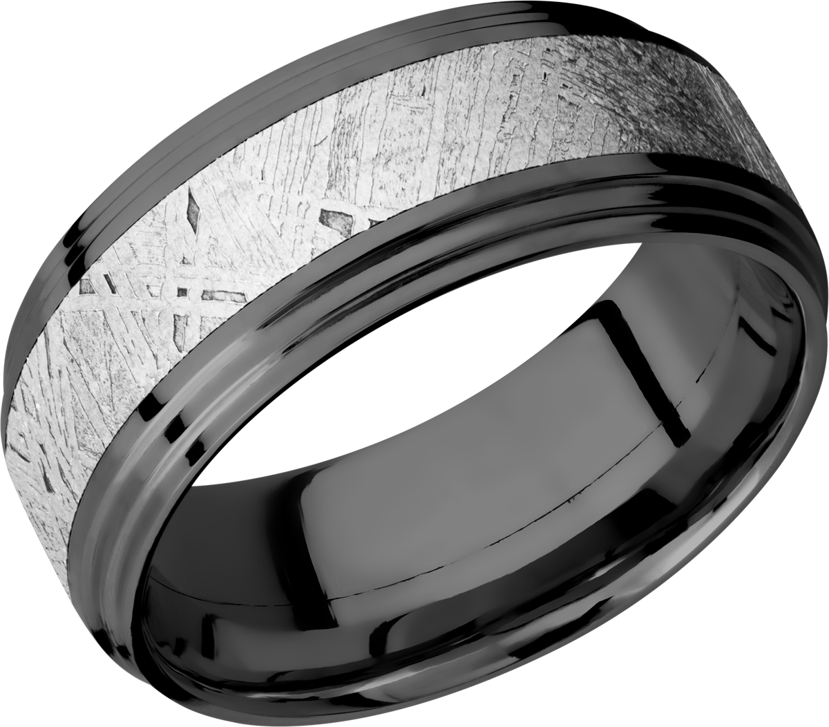Zirconium 9mm flat band with two steps and an inlay of authentic Gibeon Meteorite