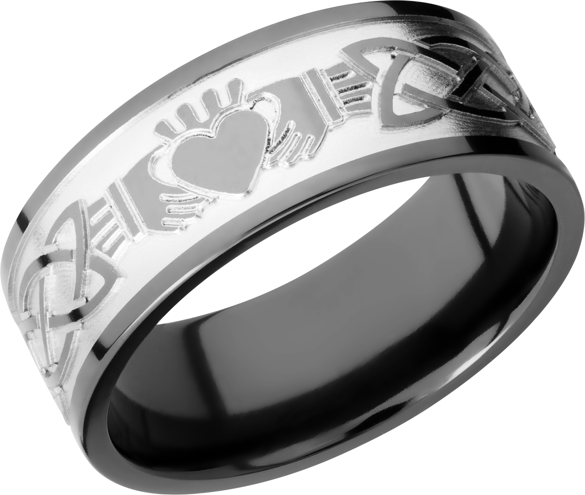 Zirconium 9mm flat band with a laser-carved claddagh celtic pattern